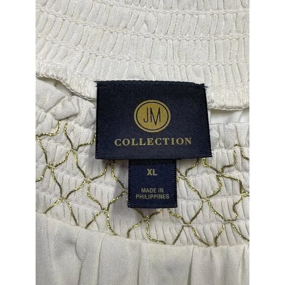 JM Collection XL Floral Boho Top Cream/Pink Short Bell Sleeves Smocked Neckline - Picture 11 of 13